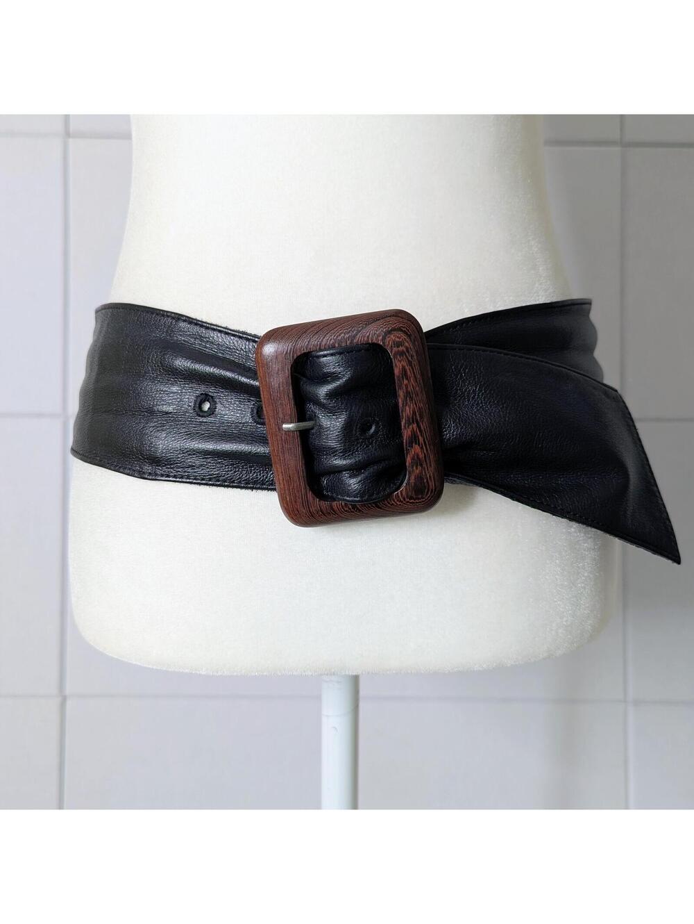 Vintage J. Jill wide leather sash belt w/ wood buckle